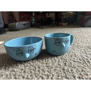 Set Livingware Collection Blue Ceramic Face Bowl 3D Nose Novelty Cereal Soup Mug